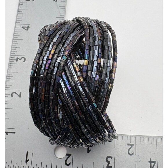 Black Iridescent Beaded Coil Bracelet Multi Strand Braided Woven Design - Picture 3 of 6